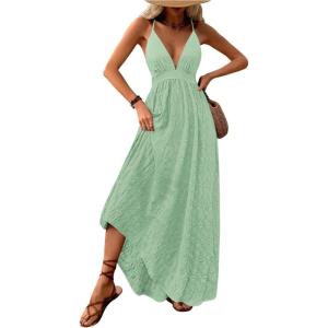 imageMakeMeChic Womens Summer Blue and White Floral Dress Boho Backless Maxi Sundress Spaghetti Strap Flowy DressGreen