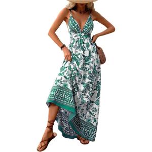 imageMakeMeChic Womens Summer Blue and White Floral Dress Boho Backless Maxi Sundress Spaghetti Strap Flowy DressGreen and White