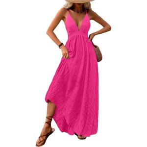 imageMakeMeChic Womens Summer Blue and White Floral Dress Boho Backless Maxi Sundress Spaghetti Strap Flowy DressHot Pink