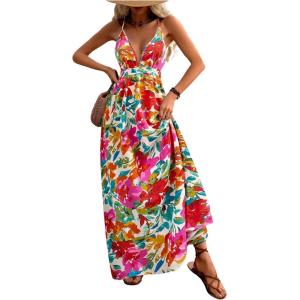 imageMakeMeChic Womens Summer Blue and White Floral Dress Boho Backless Maxi Sundress Spaghetti Strap Flowy DressMulticolor