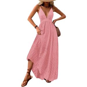 imageMakeMeChic Womens Summer Blue and White Floral Dress Boho Backless Maxi Sundress Spaghetti Strap Flowy DressPink