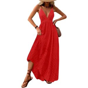 imageMakeMeChic Womens Summer Blue and White Floral Dress Boho Backless Maxi Sundress Spaghetti Strap Flowy DressRedwood