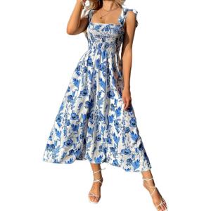 imageMakeMeChic Womens Summer Floral Dresses 2025 Beach Vacation Casual Blue and White Long Maxi SundressesBlueWhite