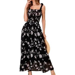 imageMakeMeChic Womens Summer Floral Dresses 2025 Beach Vacation Casual Blue and White Long Maxi SundressesChiffon Black