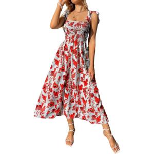 imageMakeMeChic Womens Summer Floral Dresses 2025 Beach Vacation Casual Blue and White Long Maxi SundressesFloral Red