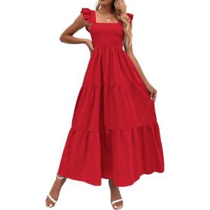 imageMakeMeChic Womens Summer Floral Dresses 2025 Beach Vacation Casual Blue and White Long Maxi SundressesSolid Red