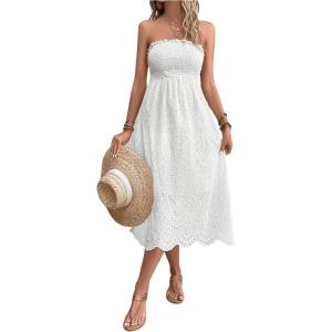 imageMakeMeChic Womens Tube Dress Sleeveless Shirred Eyelet A Line Boho Summer Long DressesWhite