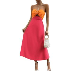 imageMakeMeChic Womens Twist Front Colorblock Tube Dress Cut Out Shirred Sleeveless Strapless Flared Maxi DressOrange and Red