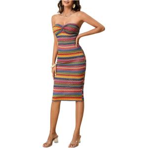 imageMakeMeChic Womens Twist Strapless Bandeau Tube Dress Geo Striped Sleeveless Long Bodycon SundressMulticolor
