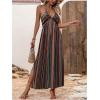 imageMakeMeChic Womens Boho Striped Print Halter Neck Tie Back Maxi Dress Split Thigh High Waist Summer Cami DressBrown