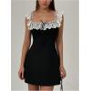 imageMakeMeChic Womens Floral Lace Color Block Mini Dress Bow Knot A Line Short DressesWhite and Black