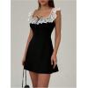 imageMakeMeChic Womens Floral Lace Color Block Mini Dress Bow Knot A Line Short DressesWhite and Black