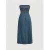 imageMakeMeChic Womens High Split Tube Denim Dress Sleeveless Ruffle Trim Midi A Line DressMedium Wash