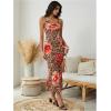 imageMakeMeChic Womens Mesh Cheetah Floral Maxi Coverup Dress Cowlneck Backless Criss Cross Beach DressMulticolor