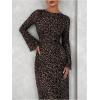 imageMakeMeChic Womens Mesh Leopard Print Dress Bell Sleeve Lettuce Trim Bodycon Maxi DressesBlack
