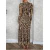 imageMakeMeChic Womens Mesh Leopard Print Dress Bell Sleeve Lettuce Trim Bodycon Maxi DressesBrown