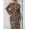 imageMakeMeChic Womens Mesh Leopard Print Dress Bell Sleeve Lettuce Trim Bodycon Maxi DressesBrown