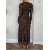 imageMakeMeChic Womens Mesh Leopard Print Dress Bell Sleeve Lettuce Trim Bodycon Maxi DressesDeep Brown