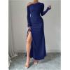 imageMakeMeChic Womens Mesh One Shoulder Dress Ruched Drawstring Long Sleeve Dresses Split Thight Maxi DressesBlue