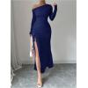 imageMakeMeChic Womens Mesh One Shoulder Dress Ruched Drawstring Long Sleeve Dresses Split Thight Maxi DressesBlue
