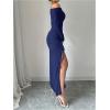 imageMakeMeChic Womens Mesh One Shoulder Dress Ruched Drawstring Long Sleeve Dresses Split Thight Maxi DressesBlue