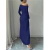 imageMakeMeChic Womens Mesh One Shoulder Dress Ruched Drawstring Long Sleeve Dresses Split Thight Maxi DressesBlue