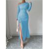 imageMakeMeChic Womens Mesh One Shoulder Dress Ruched Drawstring Long Sleeve Dresses Split Thight Maxi DressesBlue a