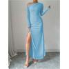 imageMakeMeChic Womens Mesh One Shoulder Dress Ruched Drawstring Long Sleeve Dresses Split Thight Maxi DressesBlue a