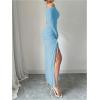 imageMakeMeChic Womens Mesh One Shoulder Dress Ruched Drawstring Long Sleeve Dresses Split Thight Maxi DressesBlue a