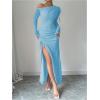 imageMakeMeChic Womens Mesh One Shoulder Dress Ruched Drawstring Long Sleeve Dresses Split Thight Maxi DressesBlue a
