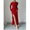 imageMakeMeChic Womens Mesh One Shoulder Dress Ruched Drawstring Long Sleeve Dresses Split Thight Maxi DressesBurgundy