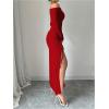 imageMakeMeChic Womens Mesh One Shoulder Dress Ruched Drawstring Long Sleeve Dresses Split Thight Maxi DressesBurgundy