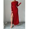 imageMakeMeChic Womens Mesh One Shoulder Dress Ruched Drawstring Long Sleeve Dresses Split Thight Maxi DressesBurgundy