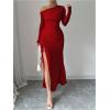imageMakeMeChic Womens Mesh One Shoulder Dress Ruched Drawstring Long Sleeve Dresses Split Thight Maxi DressesBurgundy