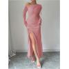 imageMakeMeChic Womens Mesh One Shoulder Dress Ruched Drawstring Long Sleeve Dresses Split Thight Maxi DressesDusty Pink