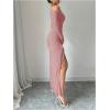 imageMakeMeChic Womens Mesh One Shoulder Dress Ruched Drawstring Long Sleeve Dresses Split Thight Maxi DressesDusty Pink