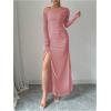 imageMakeMeChic Womens Mesh One Shoulder Dress Ruched Drawstring Long Sleeve Dresses Split Thight Maxi DressesDusty Pink