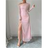 imageMakeMeChic Womens Mesh One Shoulder Dress Ruched Drawstring Long Sleeve Dresses Split Thight Maxi DressesPink