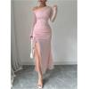 imageMakeMeChic Womens Mesh One Shoulder Dress Ruched Drawstring Long Sleeve Dresses Split Thight Maxi DressesPink
