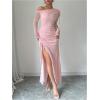 imageMakeMeChic Womens Mesh One Shoulder Dress Ruched Drawstring Long Sleeve Dresses Split Thight Maxi DressesPink