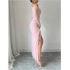 imageMakeMeChic Womens Mesh One Shoulder Dress Ruched Drawstring Long Sleeve Dresses Split Thight Maxi DressesPink