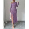 imageMakeMeChic Womens Mesh One Shoulder Dress Ruched Drawstring Long Sleeve Dresses Split Thight Maxi DressesPurple