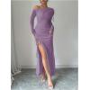 imageMakeMeChic Womens Mesh One Shoulder Dress Ruched Drawstring Long Sleeve Dresses Split Thight Maxi DressesPurple