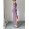 imageMakeMeChic Womens Mesh One Shoulder Dress Ruched Drawstring Long Sleeve Dresses Split Thight Maxi DressesPurple