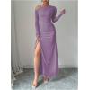 imageMakeMeChic Womens Mesh One Shoulder Dress Ruched Drawstring Long Sleeve Dresses Split Thight Maxi DressesPurple