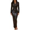 imageMakeMeChic Womens PU Leather Notched Zip Up Maxi Dress Long Sleeve Bodycon Slim Fitted Party DressesBlack