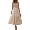 imageMakeMeChic Womens Shirred Plaid Gingham Dress Boho Ruffle Hem Frill Trim A Line Flowy Midi DressesBrown and White