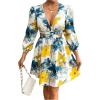 imageMakeMeChic Womens Floral Dress Deep V Neck Lantern Sleeve Cut Out A Line Elegant Mini DressesMulticolor