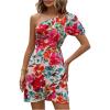 imageMakeMeChic Womens Floral Print Wrap Mini Dress One Shoulder Puff Sleeve Short DressesMulticolor