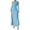 imageMakeMeChic Womens Mesh One Shoulder Dress Ruched Drawstring Long Sleeve Dresses Split Thight Maxi DressesBlue a